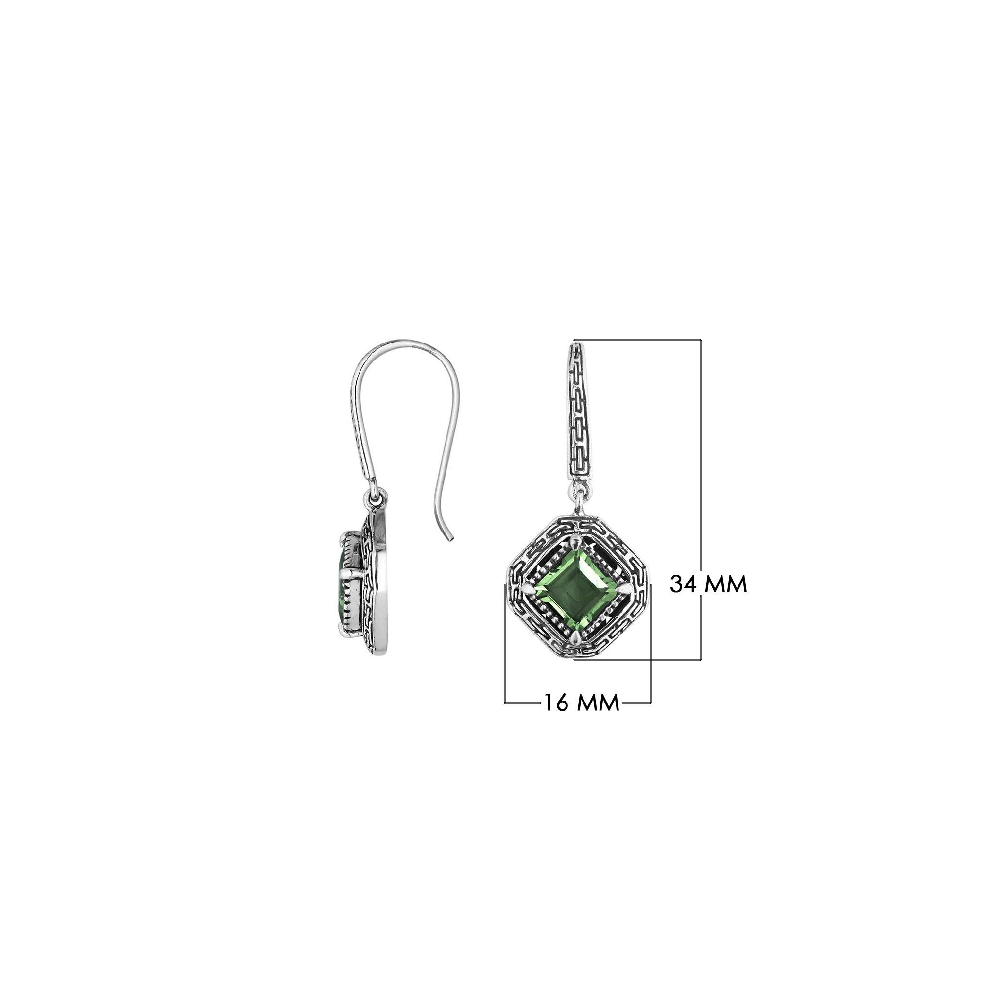 Wholesale Sterling Silver Green Amethyst Quartz Square Frame Dangle Earrings With Bali Pattern