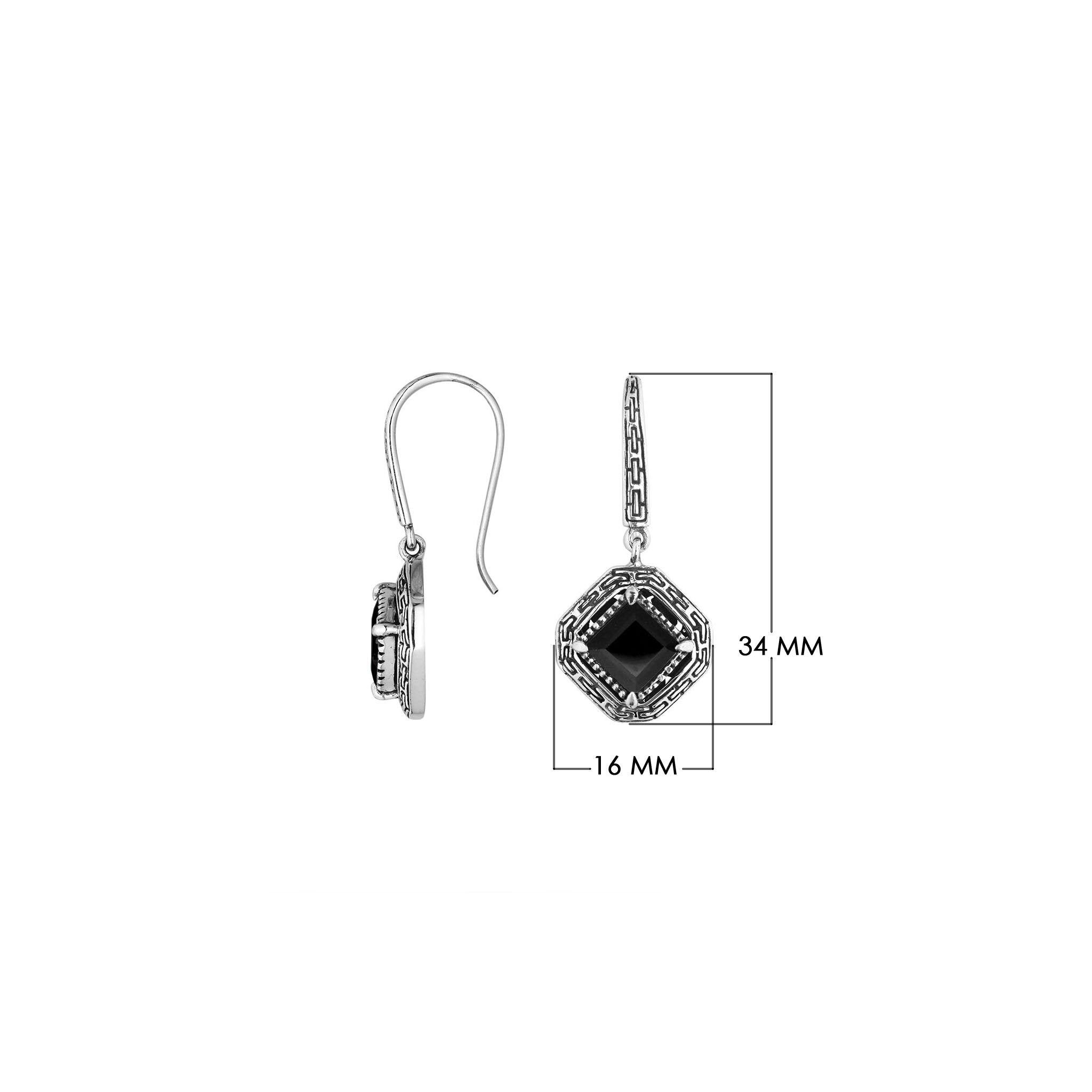 Wholesale Sterling Silver Black Onyx Square Frame Dangle Earrings With Bali Pattern