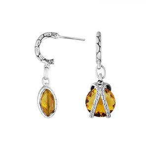 Wholesale Sterling Silver Citrine Quartz Marquise And Round Dangle Earrings With Bali Carved Hoop