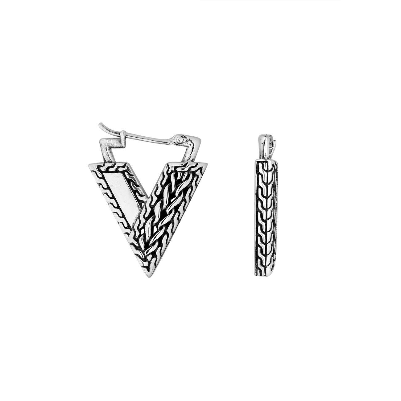 Wholesale Sterling Silver V-Shaped Bali Pattern Hoop Earrings With Textured Geometric Detailing