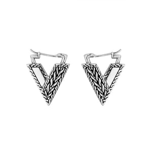 Wholesale Sterling Silver V-Shaped Bali Pattern Hoop Earrings With Textured Geometric Detailing