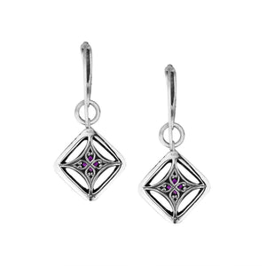 Wholesale Sterling Silver Amethyst Quartz Square Filigree Dangle Earrings With Bali Detailed Frame