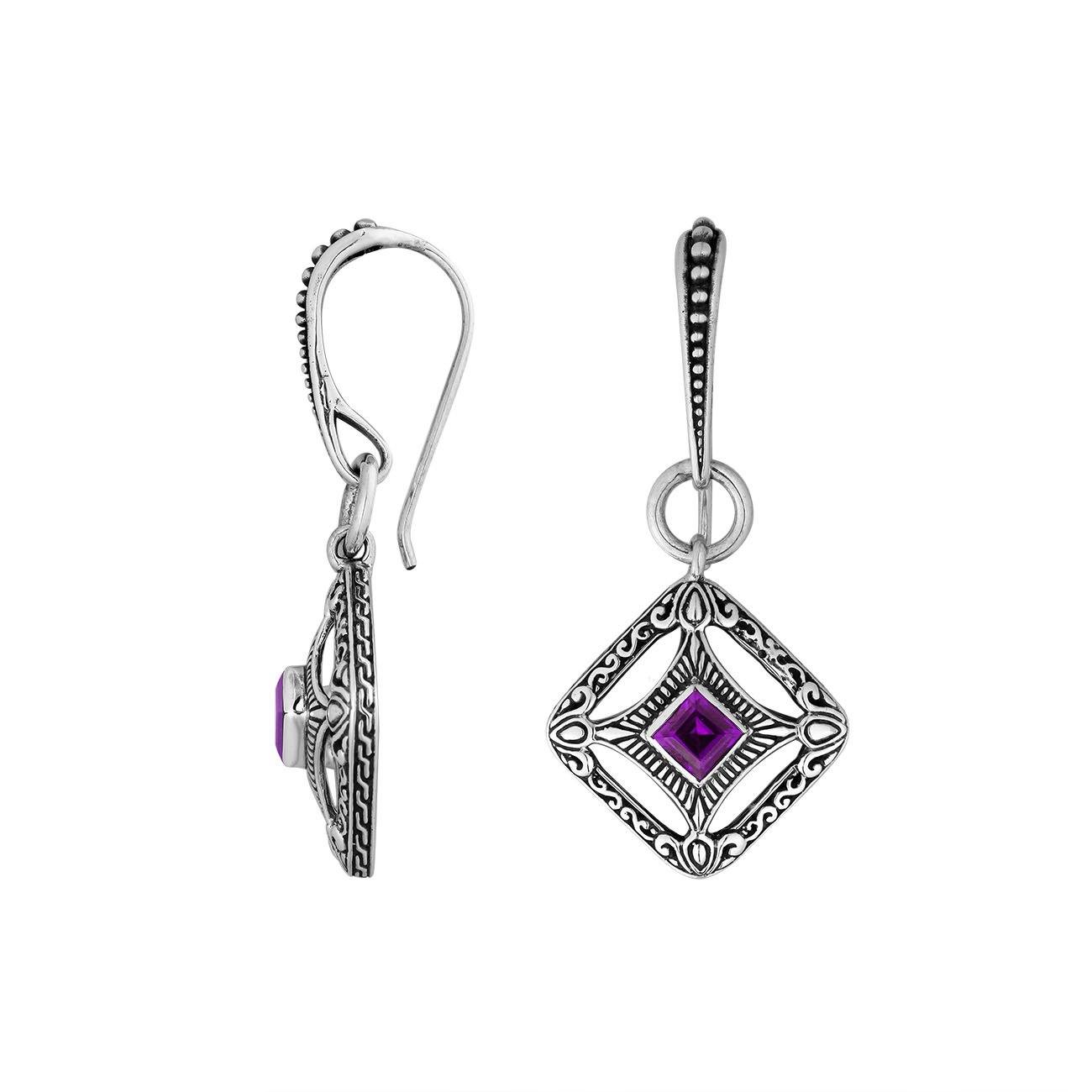 Wholesale Sterling Silver Amethyst Quartz Square Filigree Dangle Earrings With Bali Detailed Frame