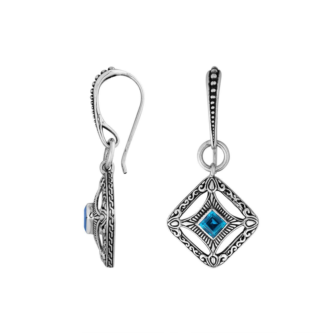 Wholesale Sterling Silver Blue Topaz Quartz Square Filigree Dangle Earrings With Bali Ornate Frame