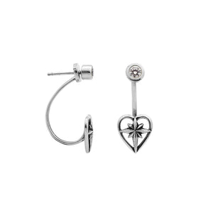 Wholesale Sterling Silver Heart Starburst Jacket Earrings With Minimal Polished Stud Front