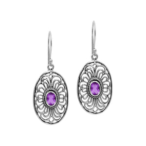 Wholesale Sterling Silver Filigree Oval Amethyst Quartz Drop Earrings With Oxidized Finish And Balinese Craftsmanship