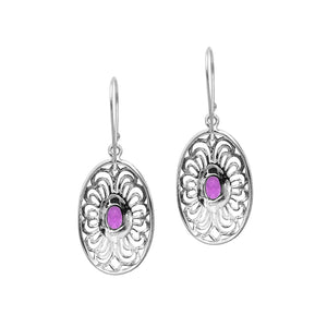 Wholesale Sterling Silver Filigree Oval Amethyst Quartz Drop Earrings With Oxidized Finish And Balinese Craftsmanship