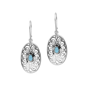 Wholesale Sterling Silver Filigree Oval Blue Topaz Quartz Drop Earrings With Oxidized Finish And Balinese Craftsmanship