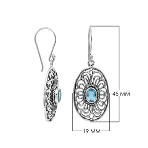 Wholesale Sterling Silver Filigree Oval Blue Topaz Quartz Drop Earrings With Oxidized Finish And Balinese Craftsmanship