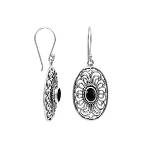 Wholesale Sterling Silver Filigree Oval Black Onyx Drop Earrings With Oxidized Finish And Balinese Craftsmanship