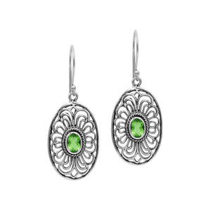 Wholesale Sterling Silver Filigree Oval Peridot Quartz Drop Earrings With Oxidized Finish And Balinese Craftsmanship