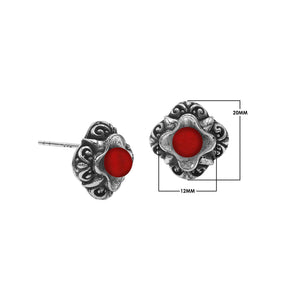 Wholesale Sterling Silver Vintage Floral Red Coral Stud Earrings With Oxidized Bali Detailing