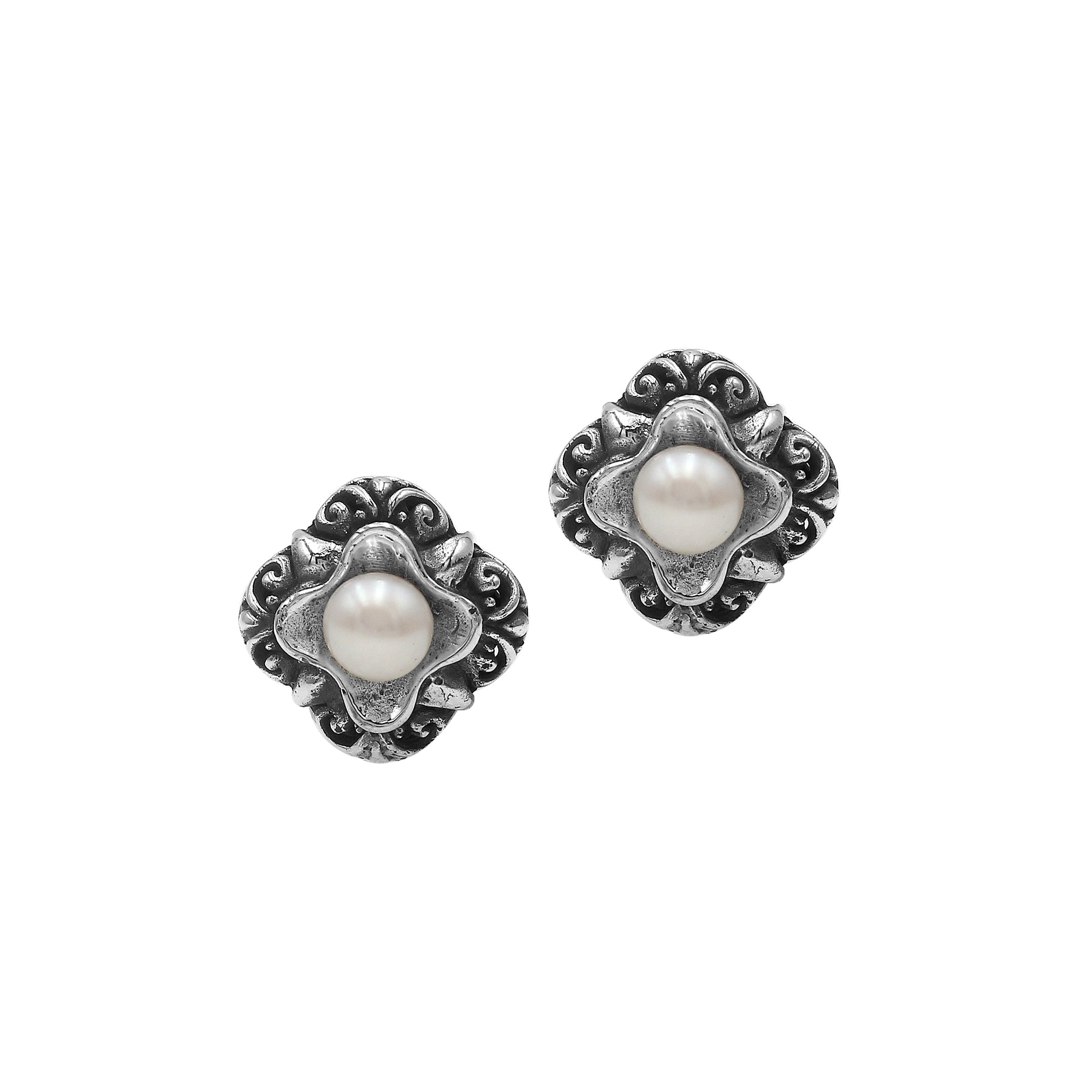 Wholesale Sterling Silver Vintage Floral Mabe Pearl Stud Earrings With Oxidized Bali Detailing