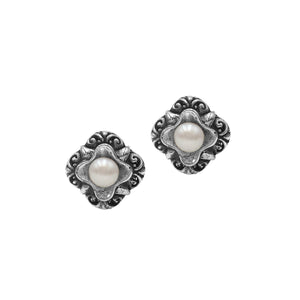 Wholesale Sterling Silver Vintage Floral Mabe Pearl Stud Earrings With Oxidized Bali Detailing