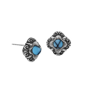 Wholesale Sterling Silver Vintage Floral Turquoise Shell Stud Earrings With Oxidized Bali Detailing