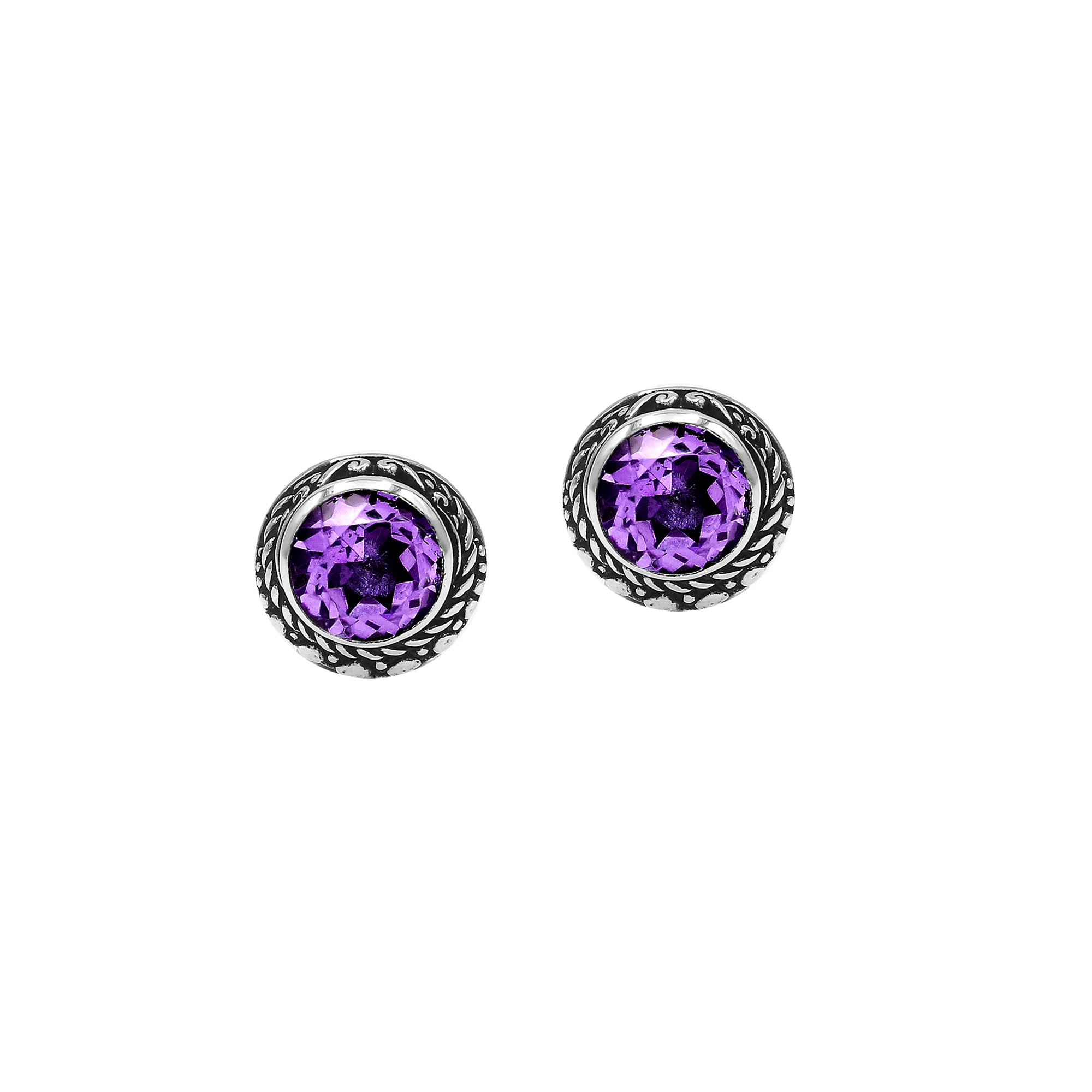Wholesale Sterling Silver Round Amethyst Quartz Stud Earrings With Bali Rope Bezel Handcrafted In Bali