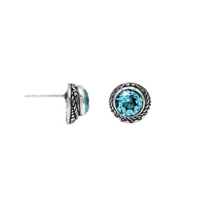 Wholesale Sterling Silver Round Blue Topaz Quartz Stud Earrings With Bali Rope Bezel Handcrafted In Bali