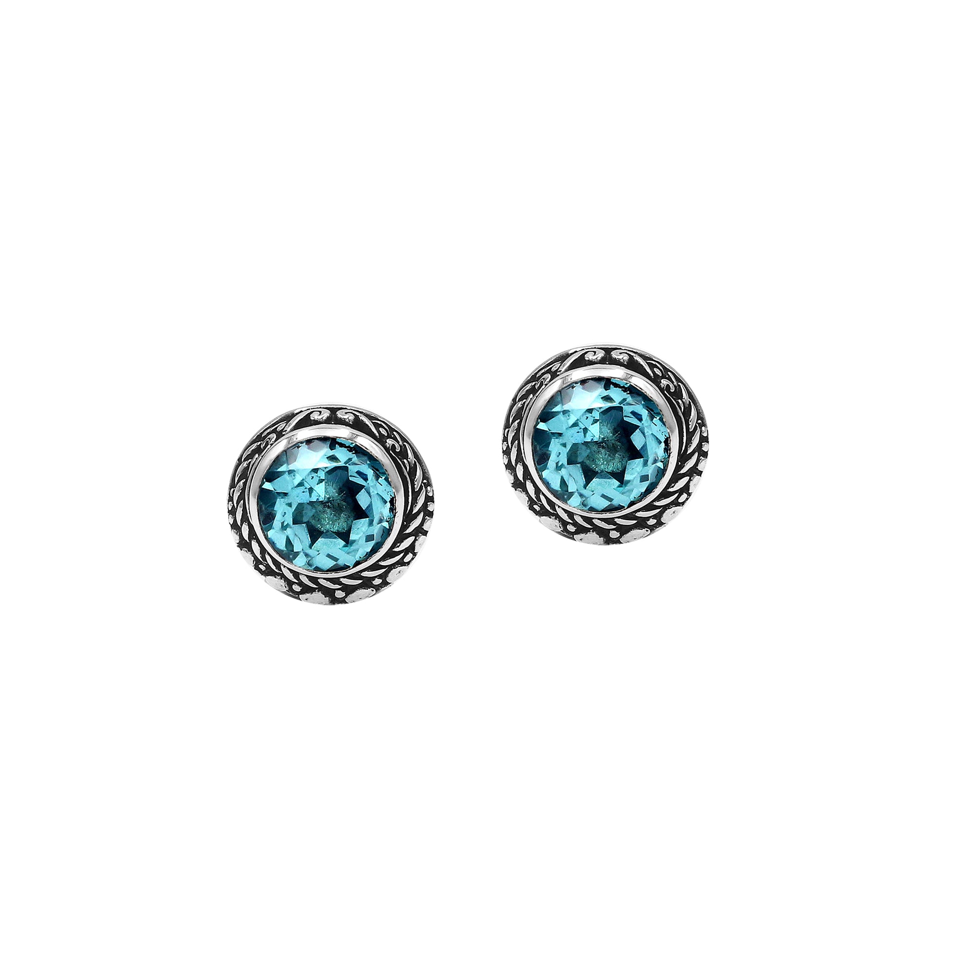 Wholesale Sterling Silver Round Blue Topaz Quartz Stud Earrings With Bali Rope Bezel Handcrafted In Bali