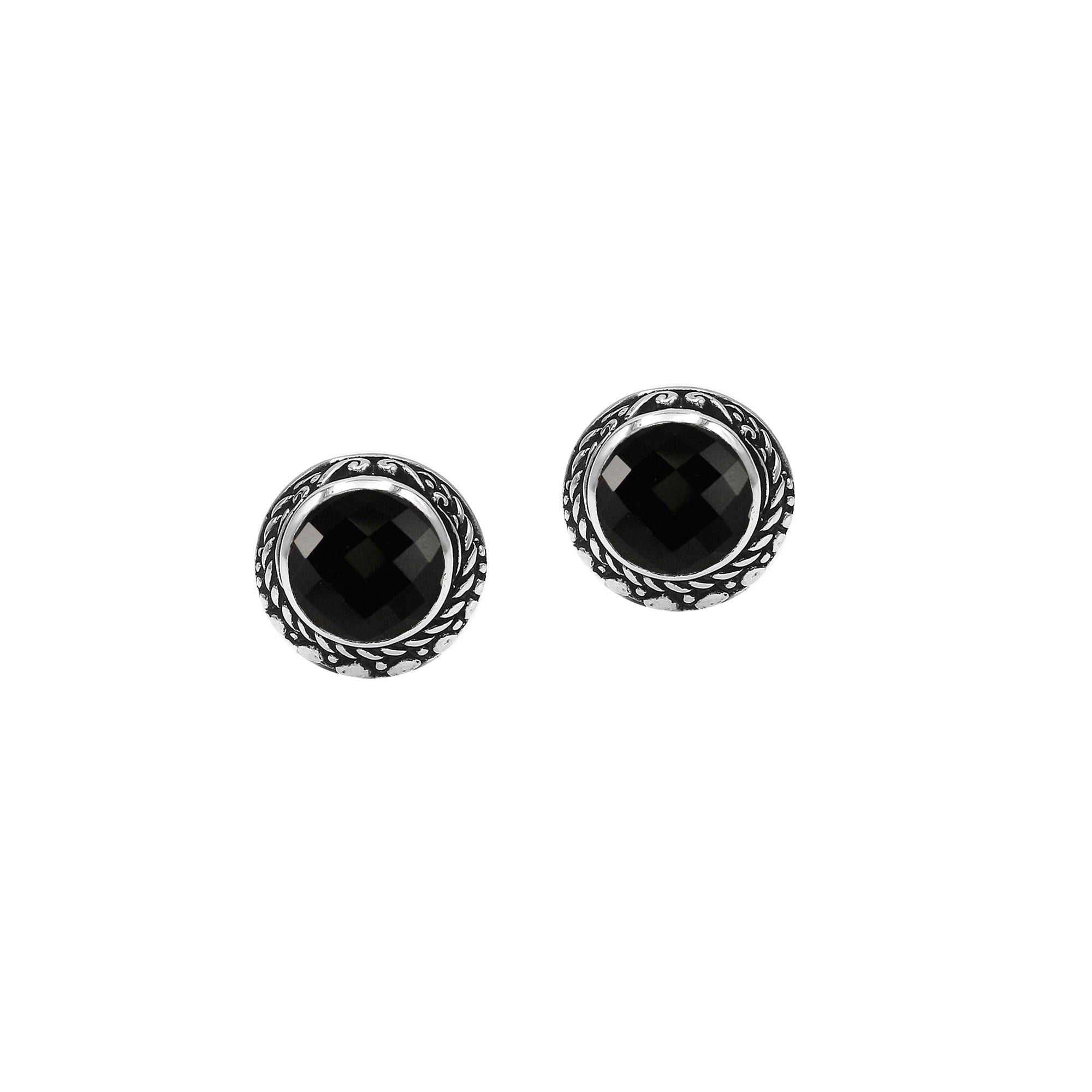 Wholesale Sterling Silver Round Black Onyx Stud Earrings With Bali Rope Bezel Handcrafted In Bali