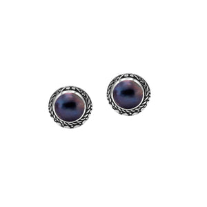 Wholesale Sterling Silver Round Gray Mabe Pearl Stud Earrings With Bali Rope Bezel Handcrafted In Bali
