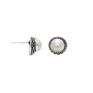 Wholesale Sterling Silver Round Mabe Pearl Stud Earrings With Bali Rope Bezel Handcrafted In Bali