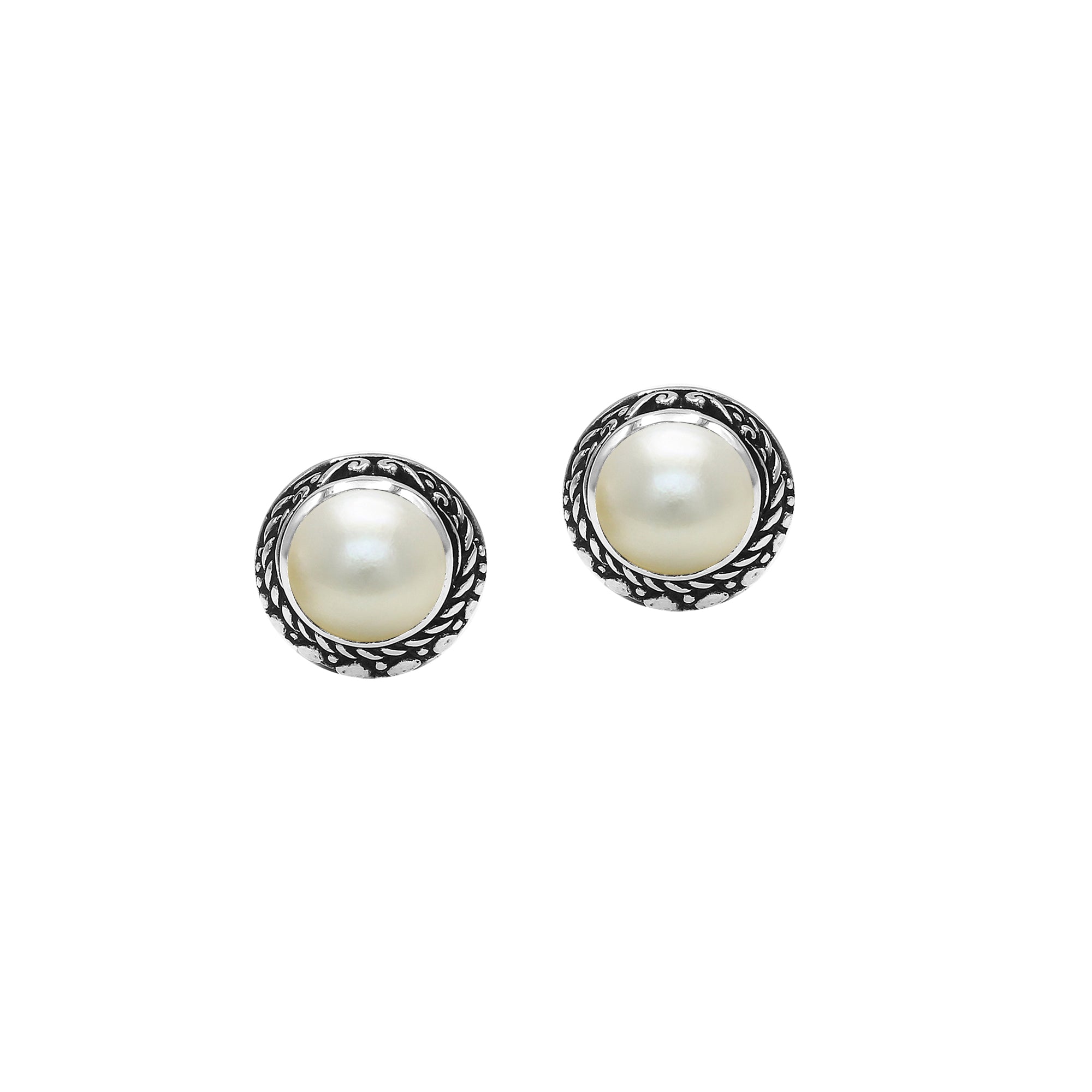 Wholesale Sterling Silver Round Mabe Pearl Stud Earrings With Bali Rope Bezel Handcrafted In Bali