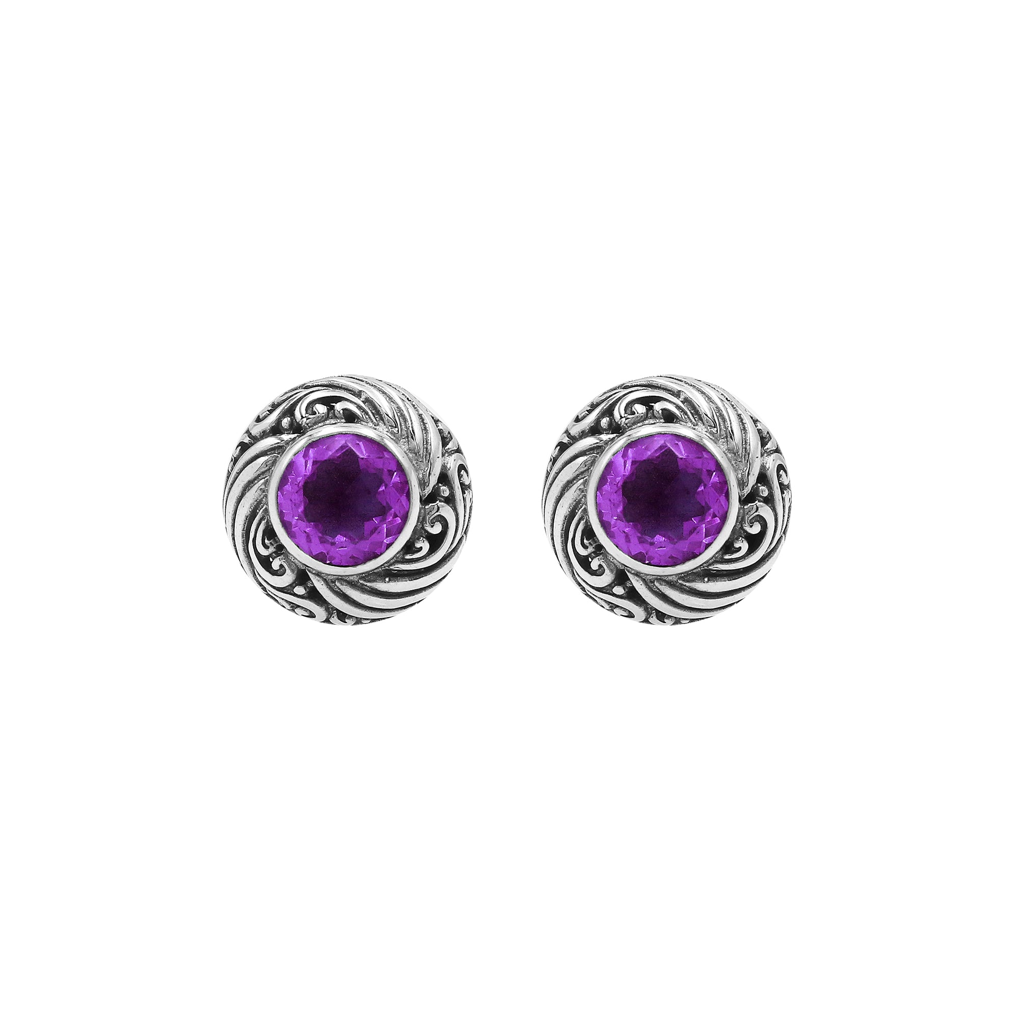 Wholesale Sterling Silver Bali Swirl Amethyst Quartz Stud Earrings With Oxidized Detailing Handcrafted In Bali