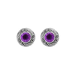 Wholesale Sterling Silver Bali Swirl Amethyst Quartz Stud Earrings With Oxidized Detailing Handcrafted In Bali