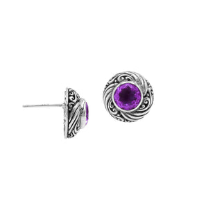 Wholesale Sterling Silver Bali Swirl Amethyst Quartz Stud Earrings With Oxidized Detailing Handcrafted In Bali