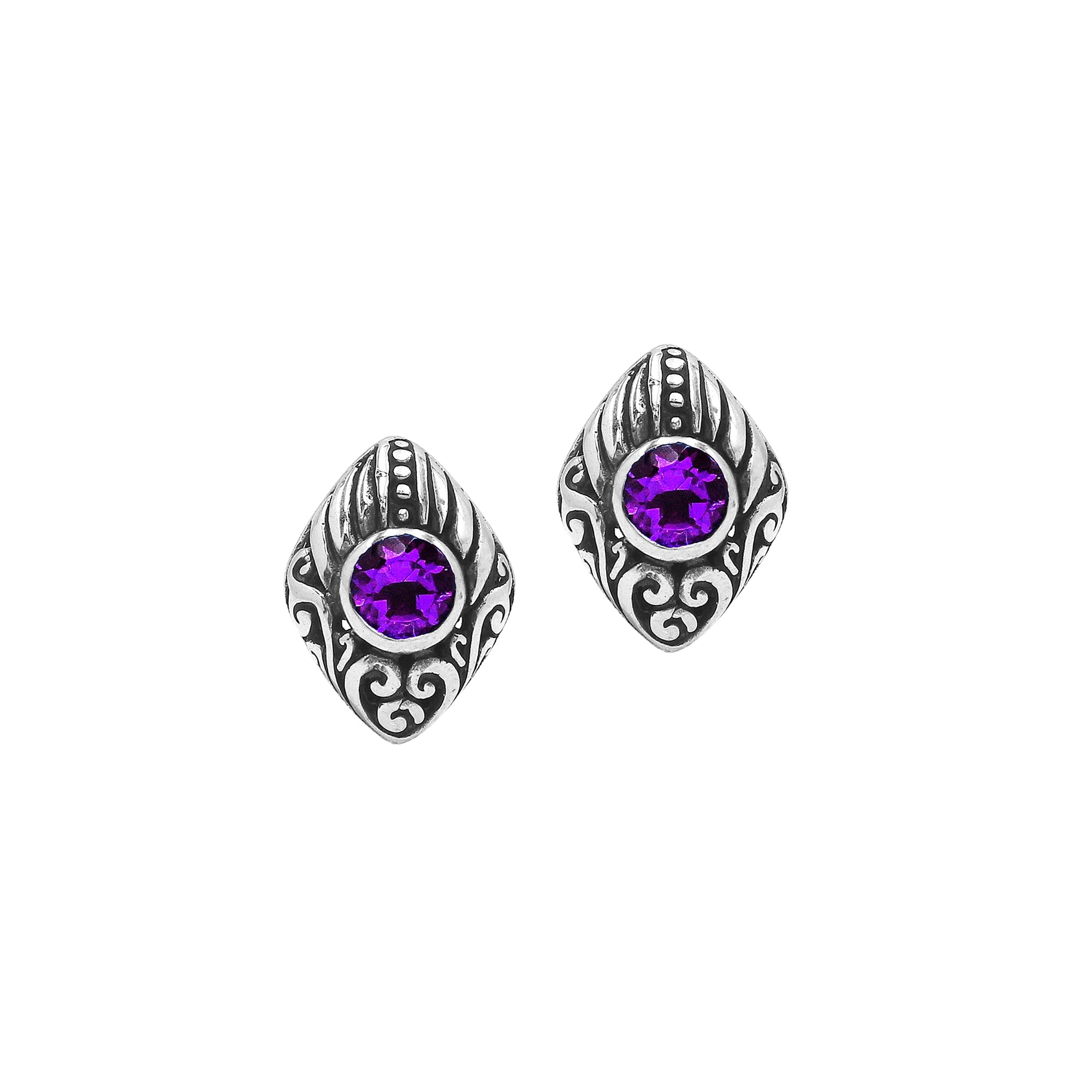 Wholesale Sterling Silver Marquise Amethyst Quartz Stud Earrings With Bali Scroll Detailing Handcrafted In Bali