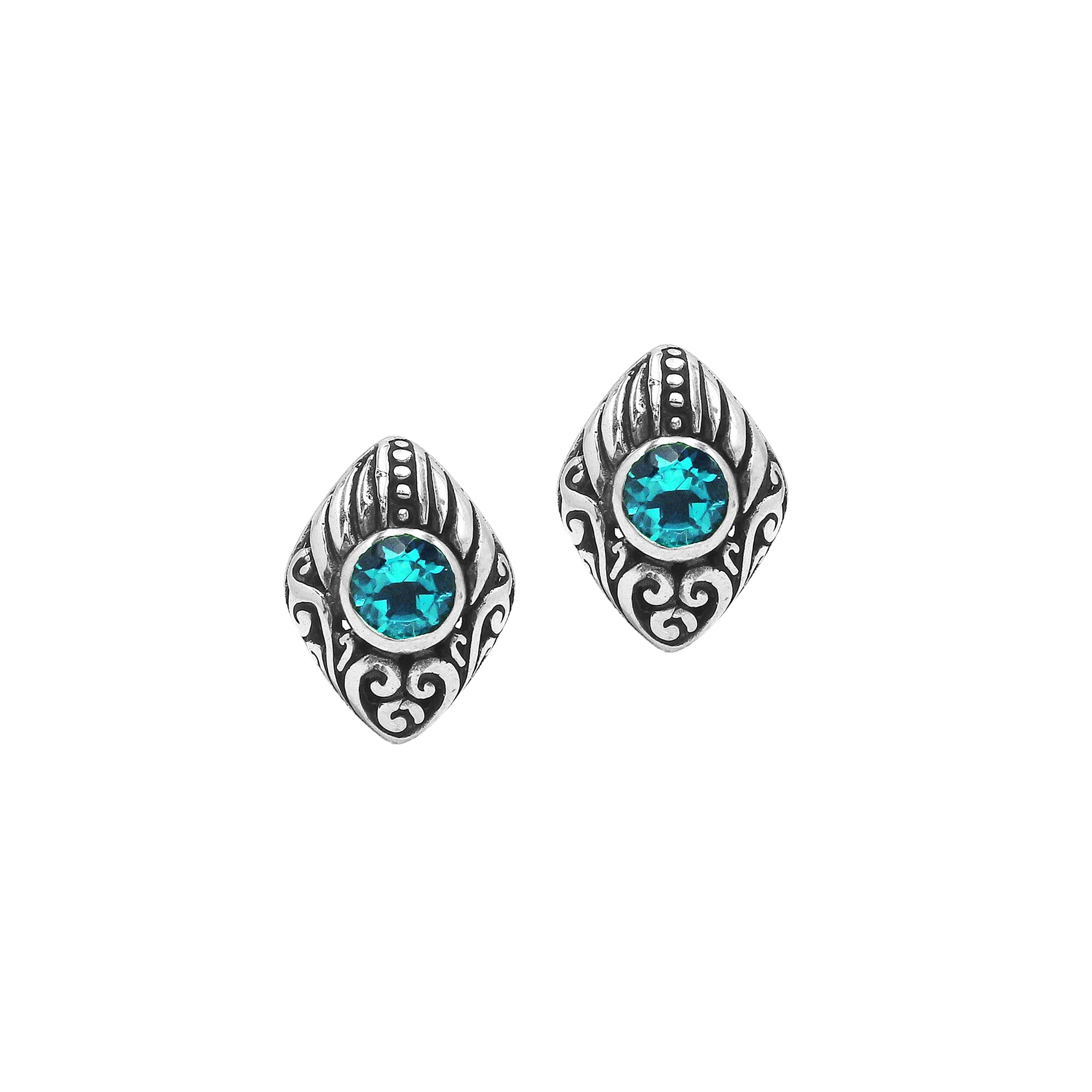 Wholesale Sterling Silver Marquise Blue Topaz Quartz Stud Earrings With Bali Scroll Detailing Handcrafted In Bali