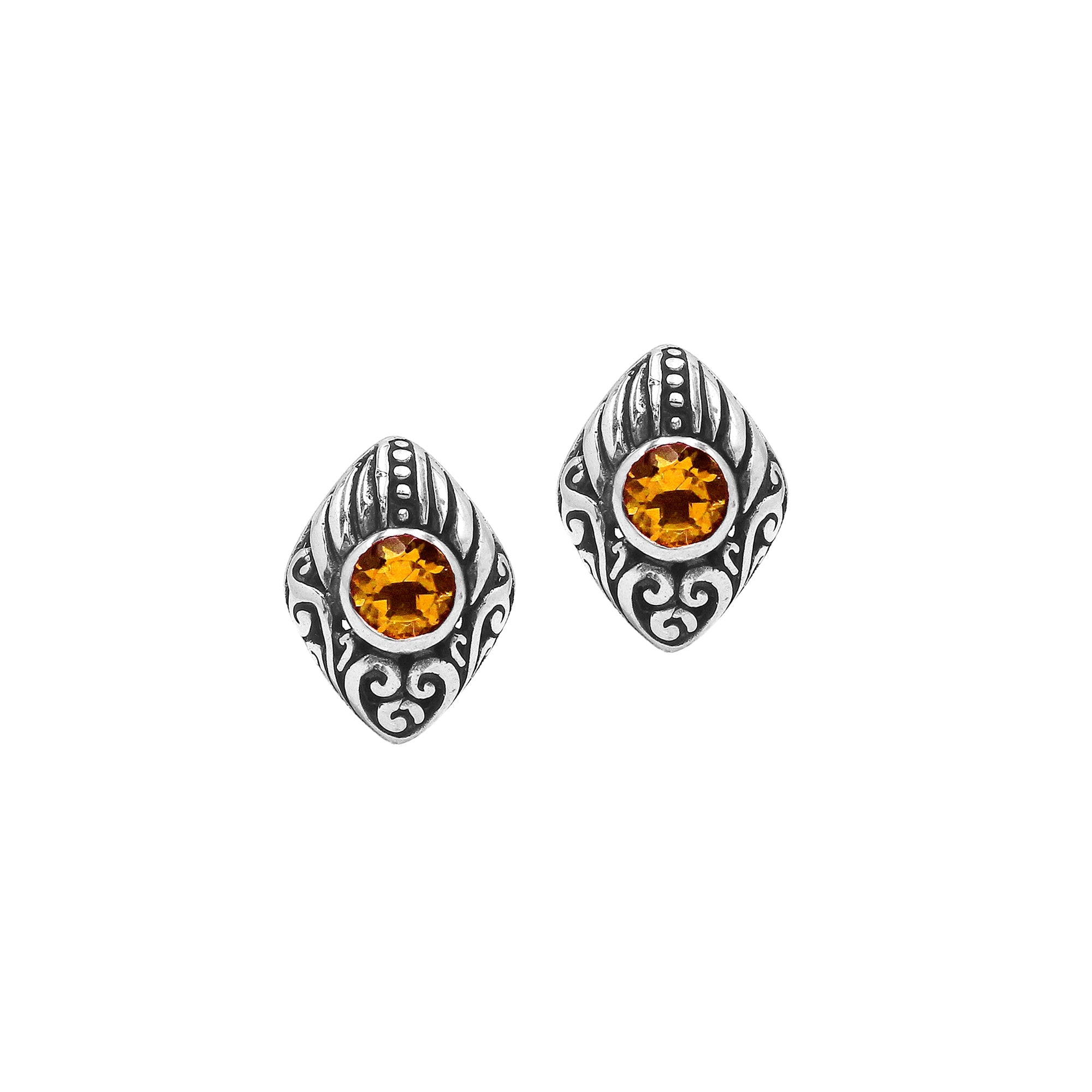 Wholesale Sterling Silver Marquise Citrine Quartz Stud Earrings With Bali Scroll Detailing Handcrafted In Bali
