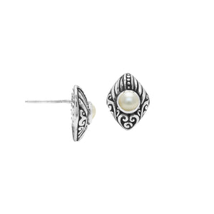 Wholesale Sterling Silver Marquise Pearl Stud Earrings With Bali Scroll Detailing Handcrafted In Bali