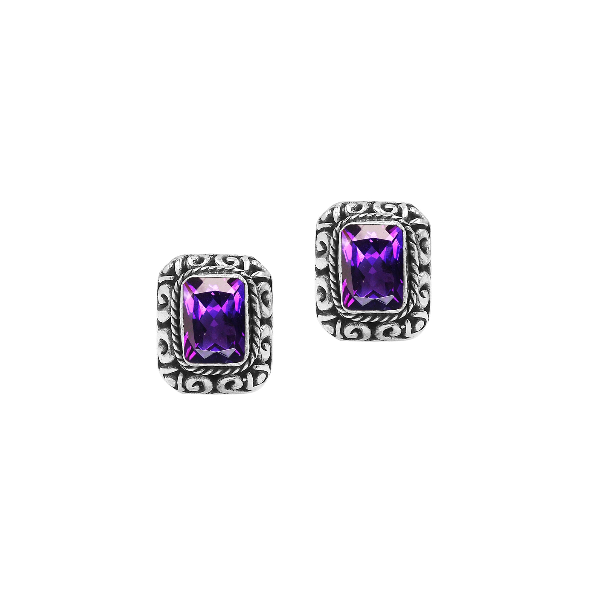 Wholesale Sterling Silver Rectangular Amethyst Quartz Stud Earrings With Bali Scroll Detailing Handcrafted In Bali