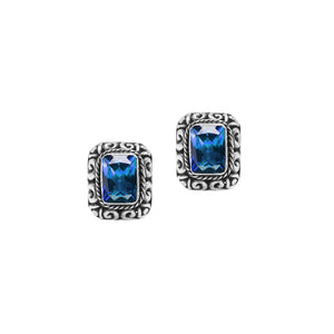 Wholesale Sterling Silver Rectangular Blue Topaz Quartz Stud Earrings With Bali Scroll Detailing Handcrafted In Bali