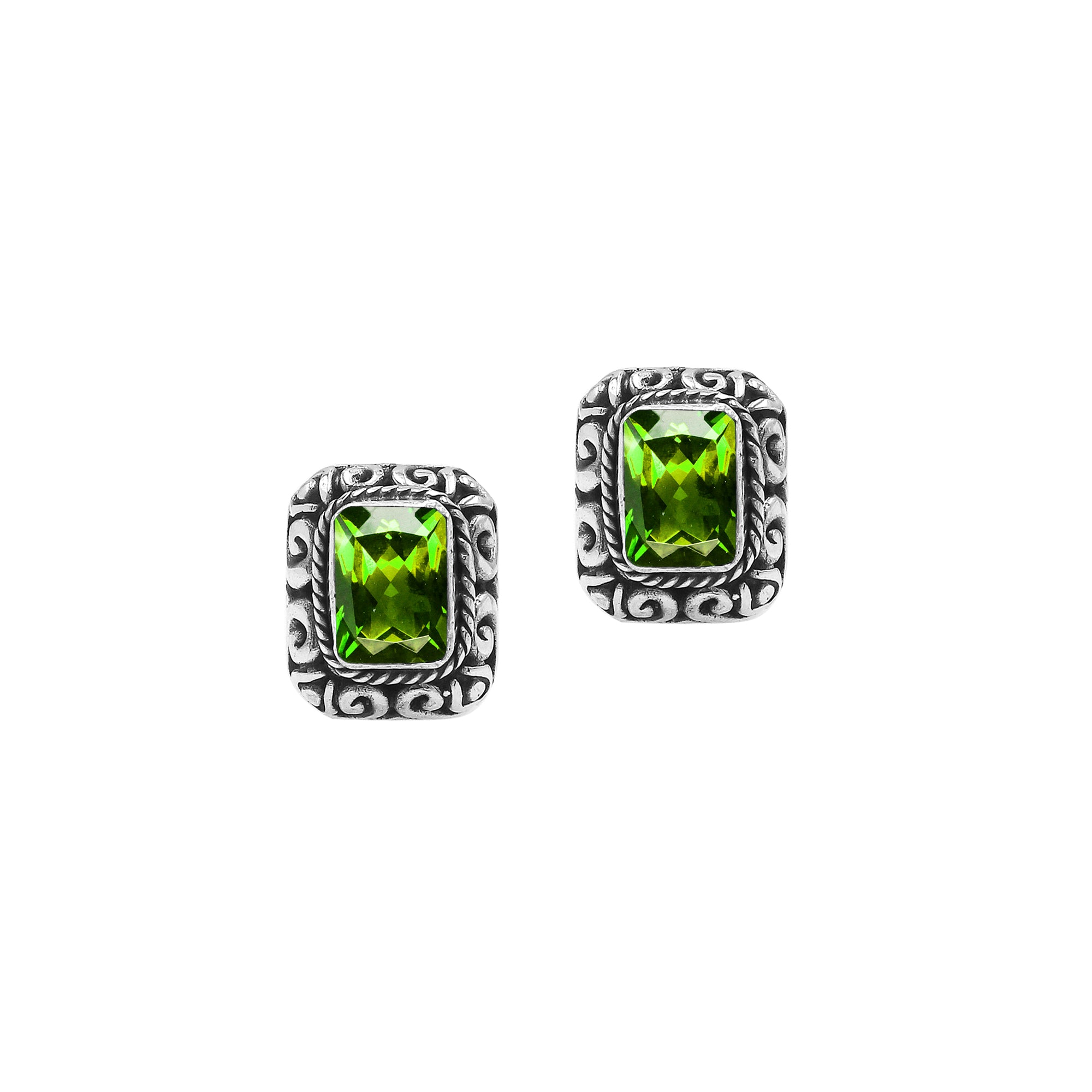 Wholesale Sterling Silver Rectangular Peridot Quartz Stud Earrings With Bali Scroll Detailing Handcrafted In Bali