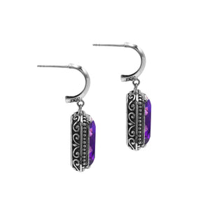 Sterling Silver Amethyst Quartz Drop Earrings With Rope Bezel And Scroll Side Detailing