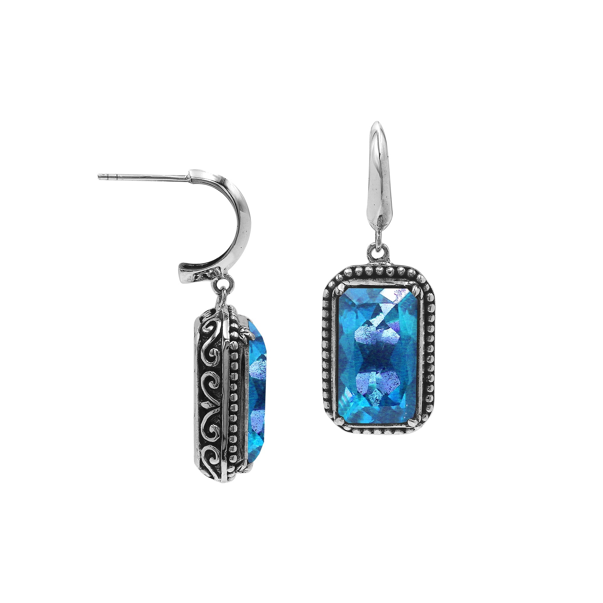 Sterling Silver Blue Topaz Quartz Drop Earrings With Rope Bezel And Scroll Side Detailing