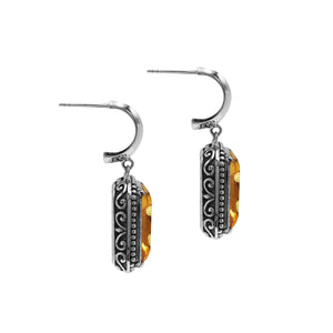 Sterling Silver Citrine Quartz Drop Earrings With Rope Bezel And Scroll Side Detailing