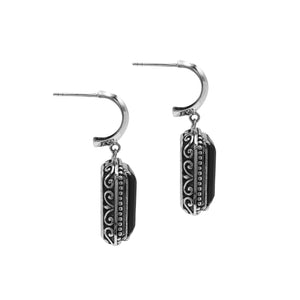 Sterling Silver Black Onyx Drop Earrings With Rope Bezel And Scroll Side Detailing