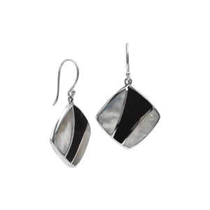 Sterling Silver Mother Of Pearl And Black Shell Inlay Drop Earrings In Diamond Shape
