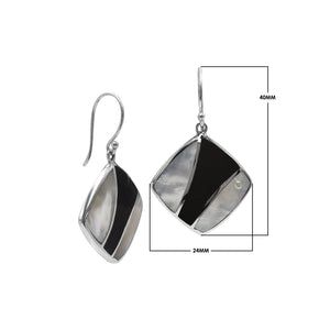 Sterling Silver Mother Of Pearl And Black Shell Inlay Drop Earrings In Diamond Shape