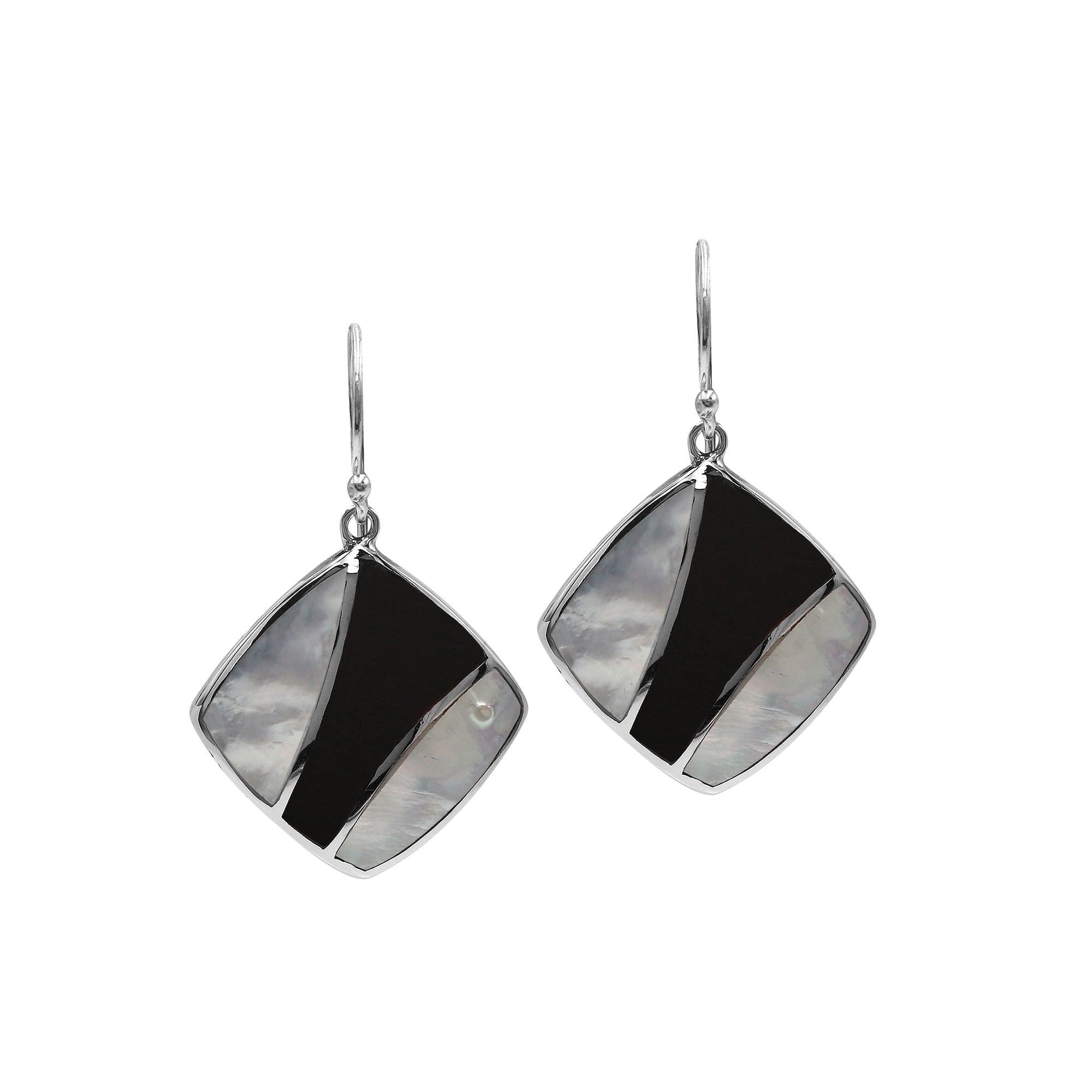 Sterling Silver Mother Of Pearl And Black Shell Inlay Drop Earrings In Diamond Shape