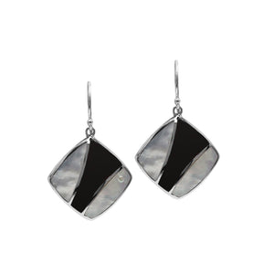 Sterling Silver Mother Of Pearl And Black Shell Inlay Drop Earrings In Diamond Shape