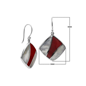 Sterling Silver Mother Of Pearl And Red Coral Inlay Diamond Drop Earrings