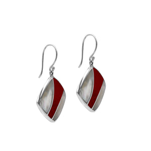 Sterling Silver Mother Of Pearl And Red Coral Inlay Diamond Drop Earrings