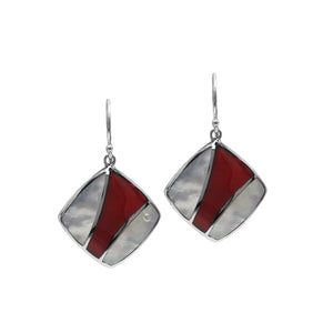Sterling Silver Mother Of Pearl And Red Coral Inlay Diamond Drop Earrings