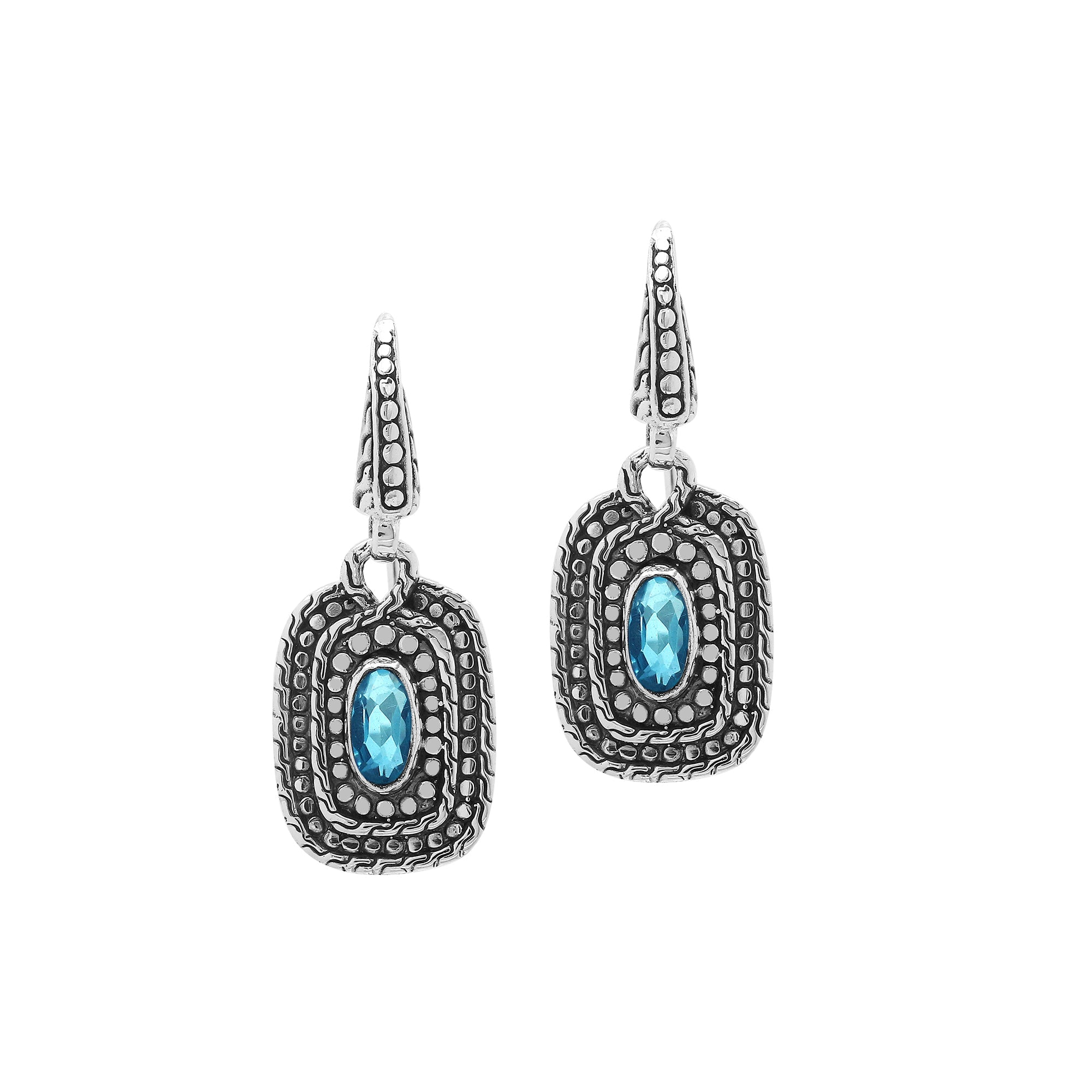 Sterling Silver Blue Topaz Quartz Granulated Oval Drop Earrings With Balinese Detailing