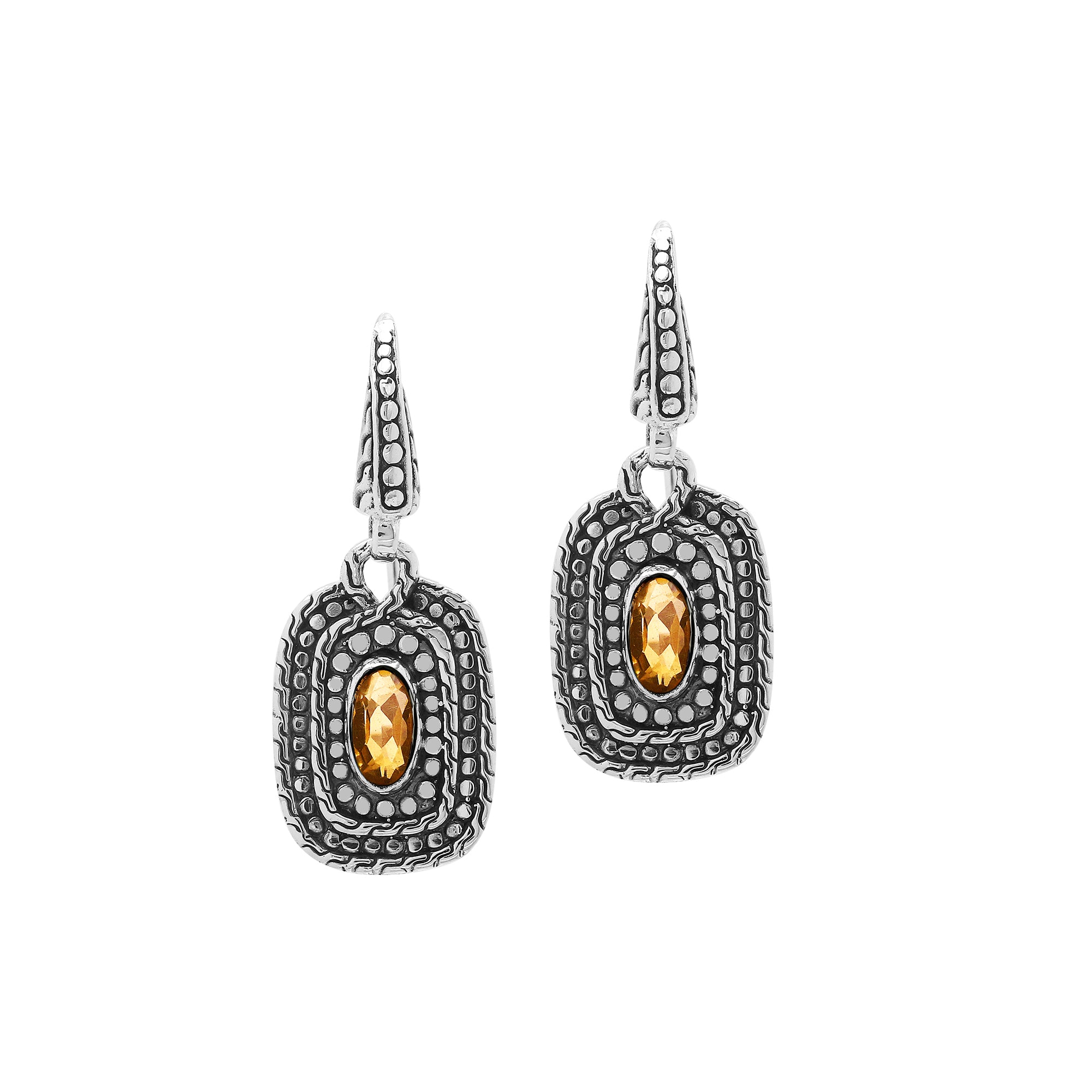 Sterling Silver Citrine Quartz Granulated Oval Drop Earrings With Balinese Detailing
