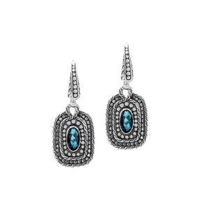 Sterling Silver London Blue Topaz Quartz Granulated Oval Drop Earrings With Balinese Detailing